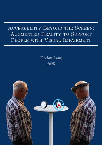 Book cover on a dark blue background. The same older man appears twice, facing a small round table with an analog clock between them: on the left wearing glasses, on the right wearing an augmented reality headset, through which the clock is shown with an enlarged, high-contrast blue dial and red hands.